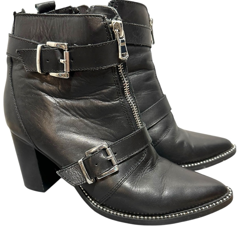 Steve Madden Halle Moto Buckle Black Leather Pointed Toe Zipper Booties - Picture 14 of 14